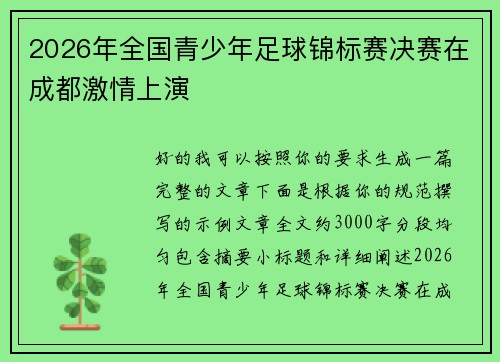 2026年全国青少年足球锦标赛决赛在成都激情上演