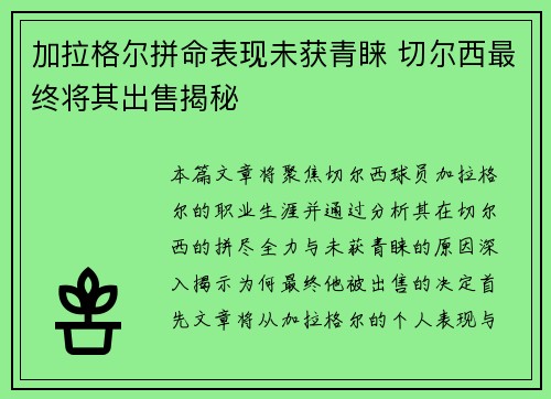 加拉格尔拼命表现未获青睐 切尔西最终将其出售揭秘